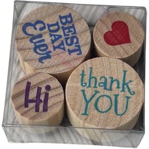 Craft Smart Four Piece Wooden Stamp Set with Red, Purple, and Blue Designs